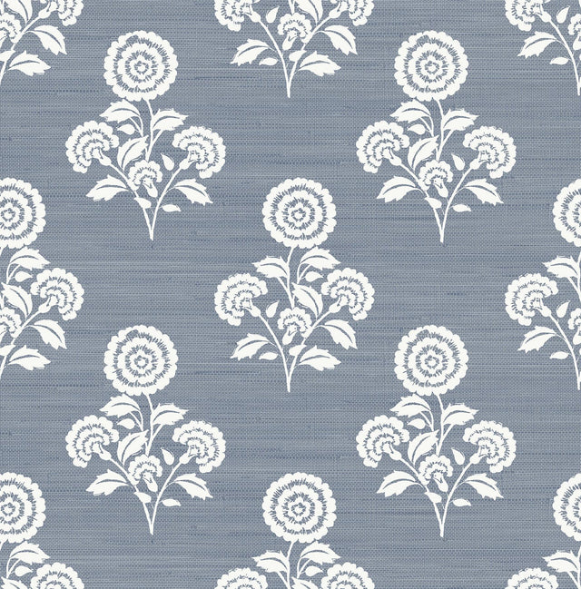 York Flourish Block Print Mineral Blue Faux Grasscloth Peel & Stick Wallpaper