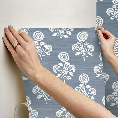 York Flourish Block Print Mineral Blue Faux Grasscloth Peel & Stick Wallpaper