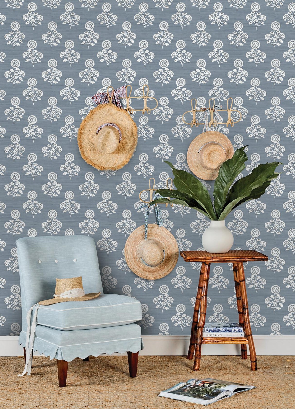 York Flourish Block Print Mineral Blue Faux Grasscloth Peel & Stick Wallpaper
