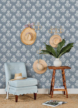 York Flourish Block Print Mineral Blue Faux Grasscloth Peel & Stick Wallpaper
