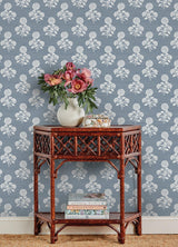 York Flourish Block Print Mineral Blue Faux Grasscloth Peel & Stick Wallpaper