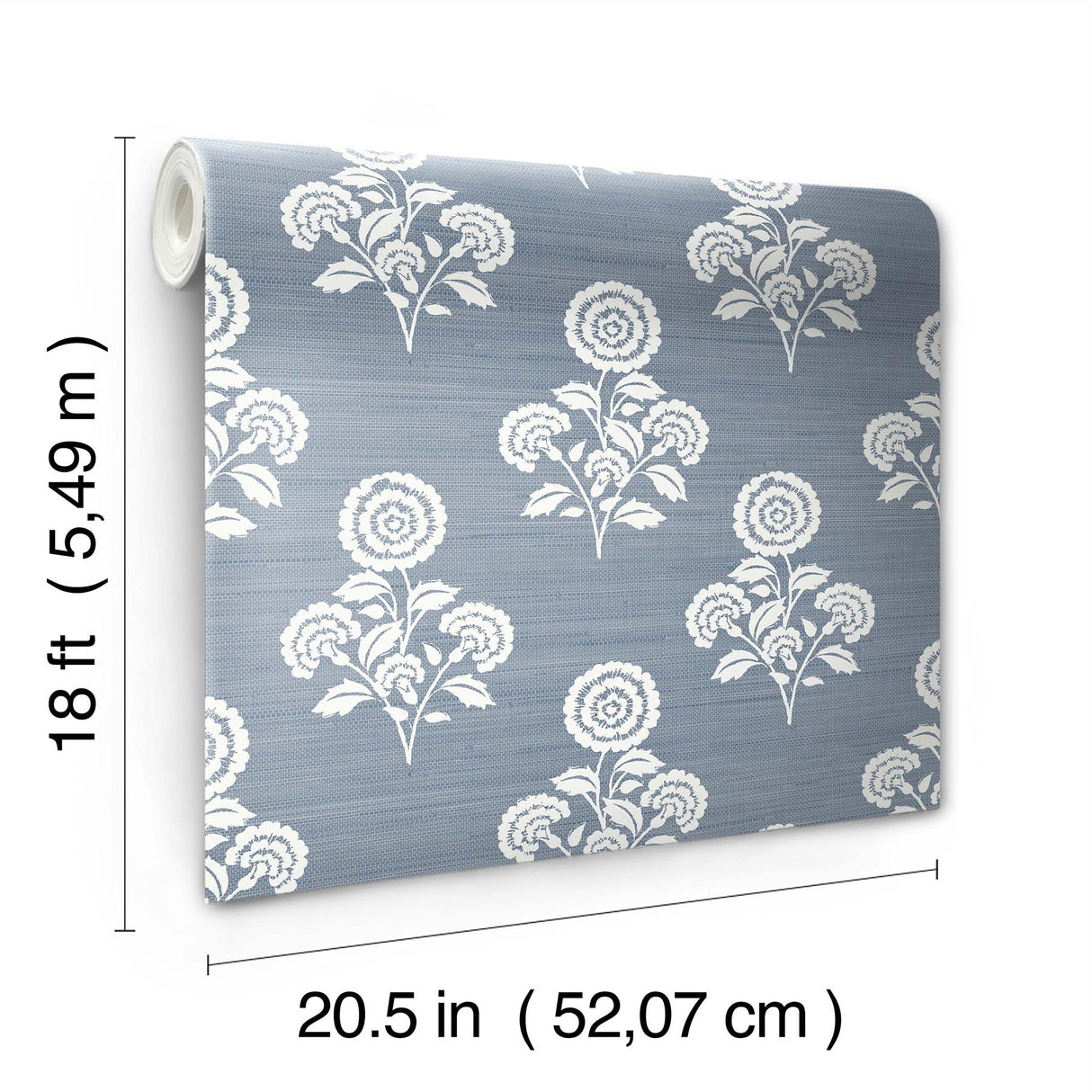 York Flourish Block Print Mineral Blue Faux Grasscloth Peel & Stick Wallpaper