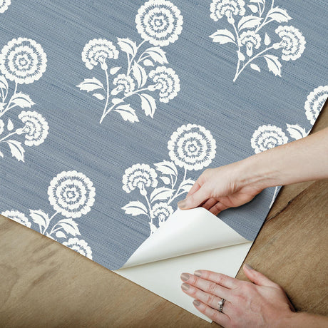 York Flourish Block Print Mineral Blue Faux Grasscloth Peel & Stick Wallpaper