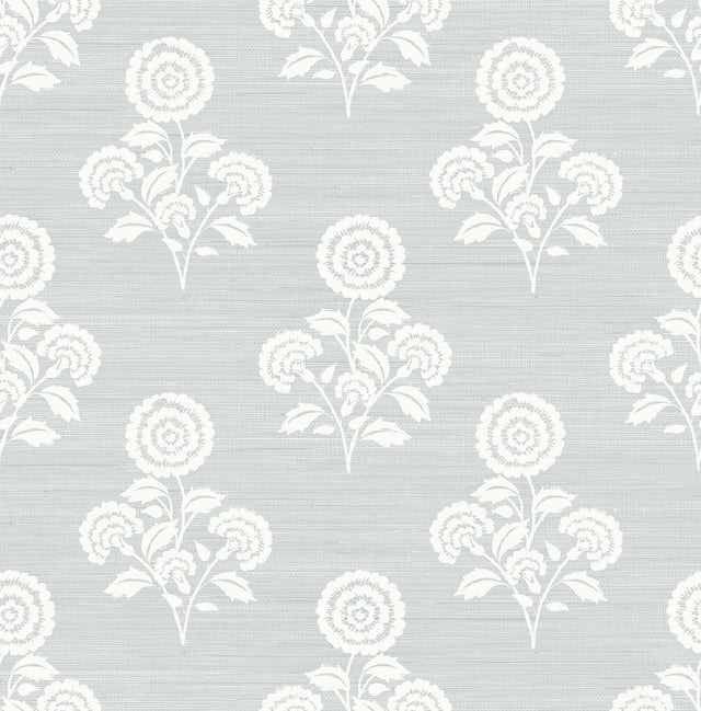 York Flourish Block Print Whisper Blue Faux Grasscloth Peel & Stick Wallpaper