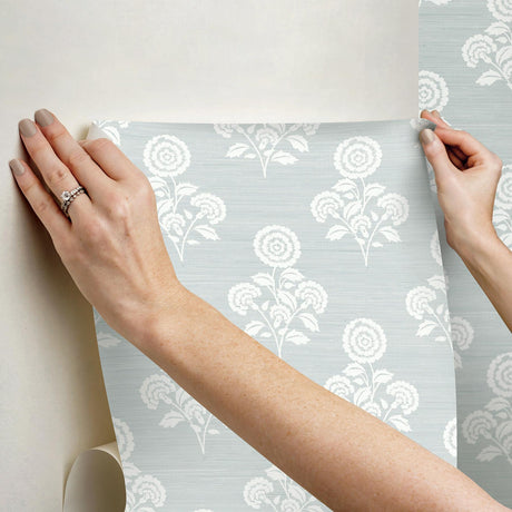 York Flourish Block Print Whisper Blue Faux Grasscloth Peel & Stick Wallpaper