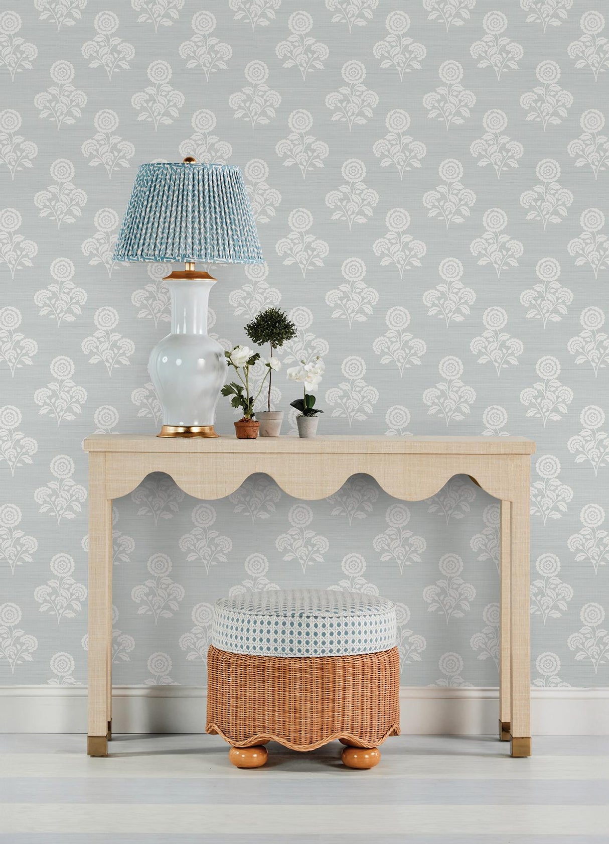 York Flourish Block Print Whisper Blue Faux Grasscloth Peel & Stick Wallpaper