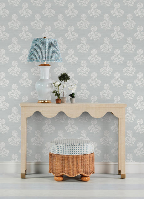 York Flourish Block Print Whisper Blue Faux Grasscloth Peel & Stick Wallpaper