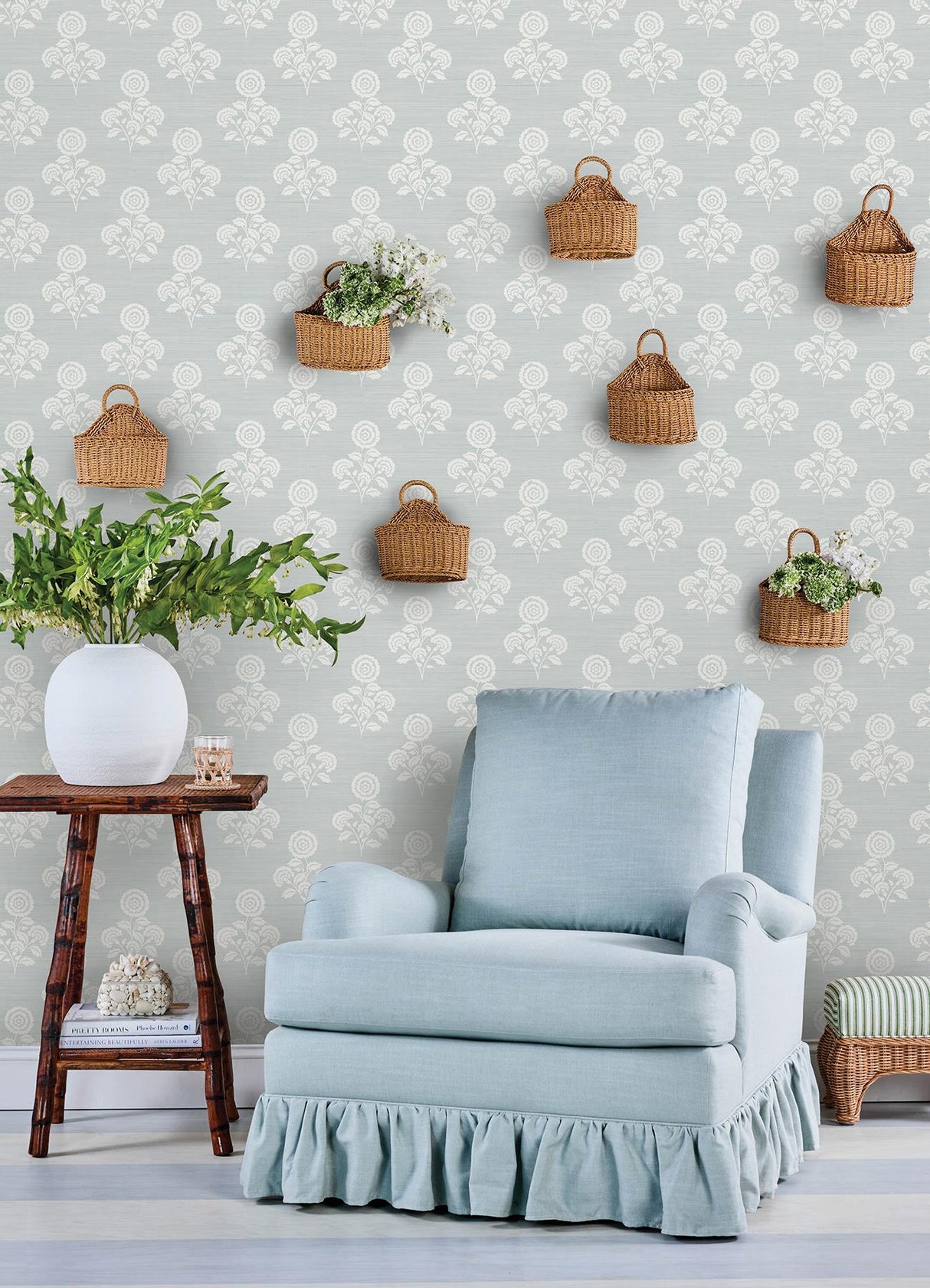 York Flourish Block Print Whisper Blue Faux Grasscloth Peel & Stick Wallpaper