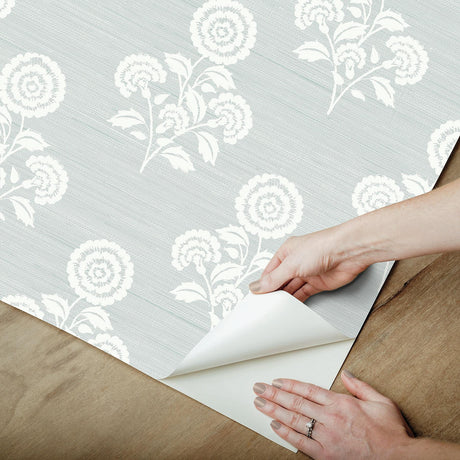 York Flourish Block Print Whisper Blue Faux Grasscloth Peel & Stick Wallpaper