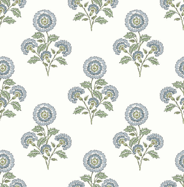 York Flourish Block Print Blue and Green Multi Peel & Stick Wallpaper