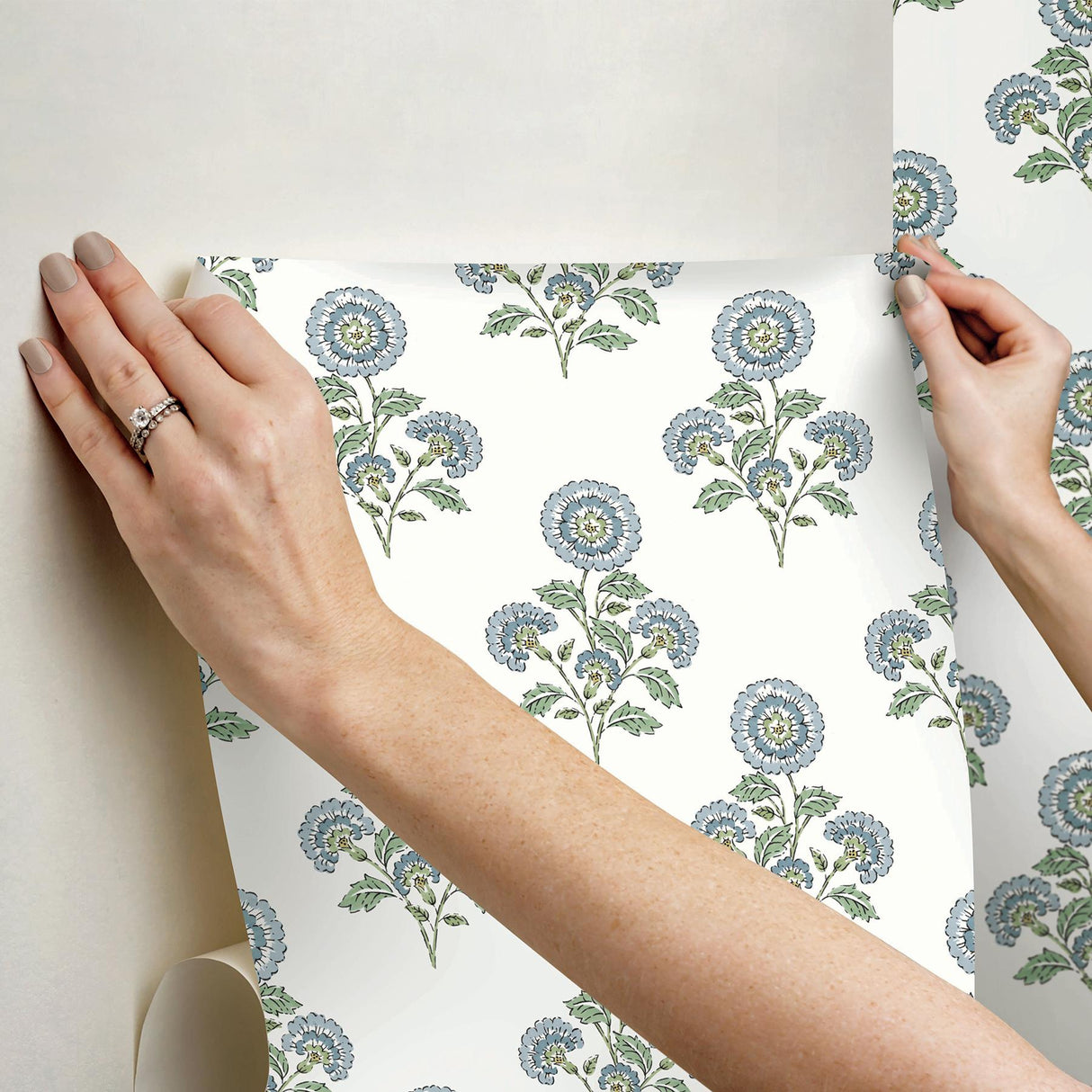 York Flourish Block Print Blue and Green Multi Peel & Stick Wallpaper