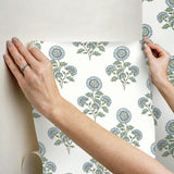 York Flourish Block Print Blue and Green Multi Peel & Stick Wallpaper