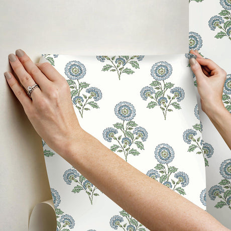 York Flourish Block Print Blue and Green Multi Peel & Stick Wallpaper