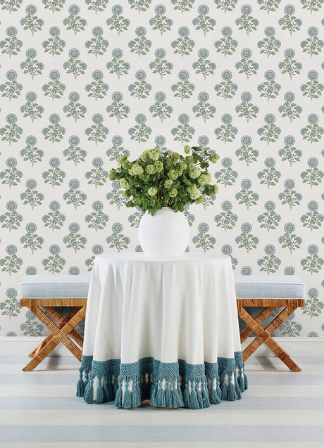 York Flourish Block Print Blue and Green Multi Peel & Stick Wallpaper