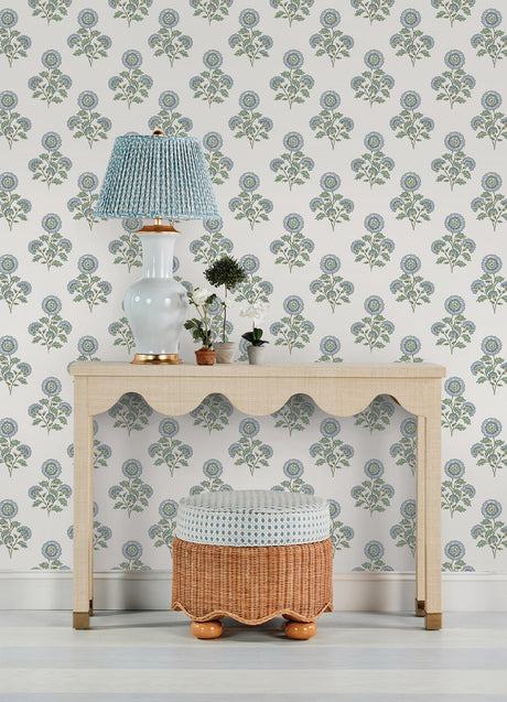 York Flourish Block Print Blue and Green Multi Peel & Stick Wallpaper