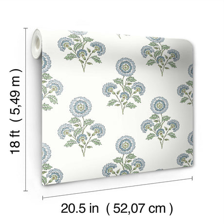 York Flourish Block Print Blue and Green Multi Peel & Stick Wallpaper