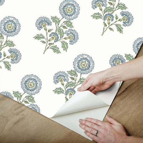 York Flourish Block Print Blue and Green Multi Peel & Stick Wallpaper