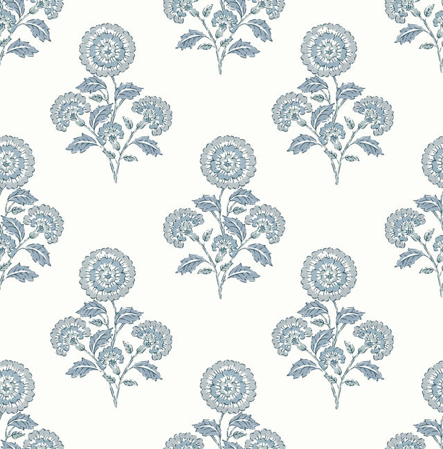 York Flourish Block Print Blue on Blue Peel & Stick Wallpaper