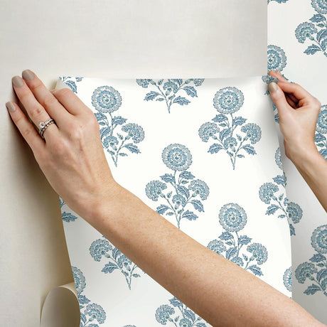 York Flourish Block Print Blue on Blue Peel & Stick Wallpaper