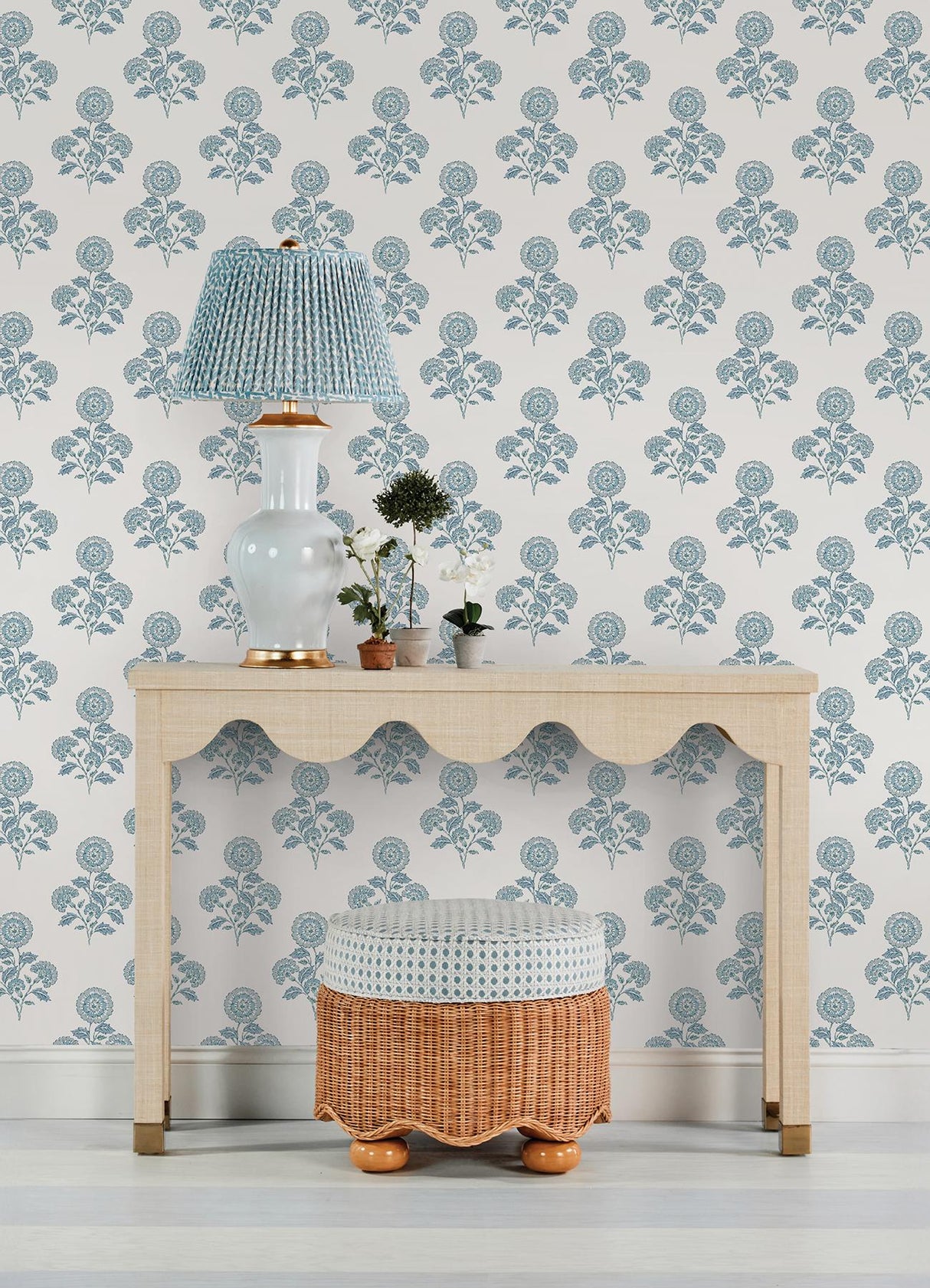 York Flourish Block Print Blue on Blue Peel & Stick Wallpaper