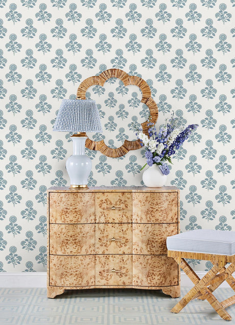 York Flourish Block Print Blue on Blue Peel & Stick Wallpaper