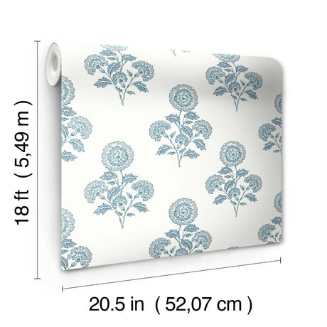 York Flourish Block Print Blue on Blue Peel & Stick Wallpaper