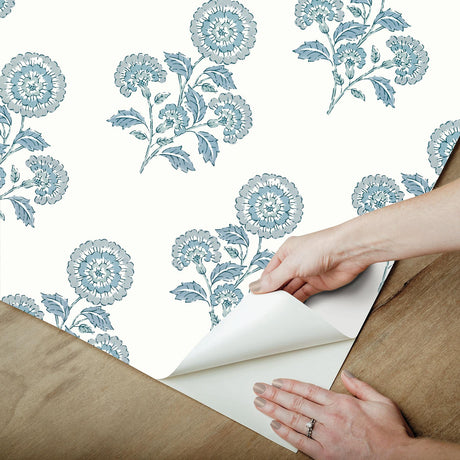 York Flourish Block Print Blue on Blue Peel & Stick Wallpaper