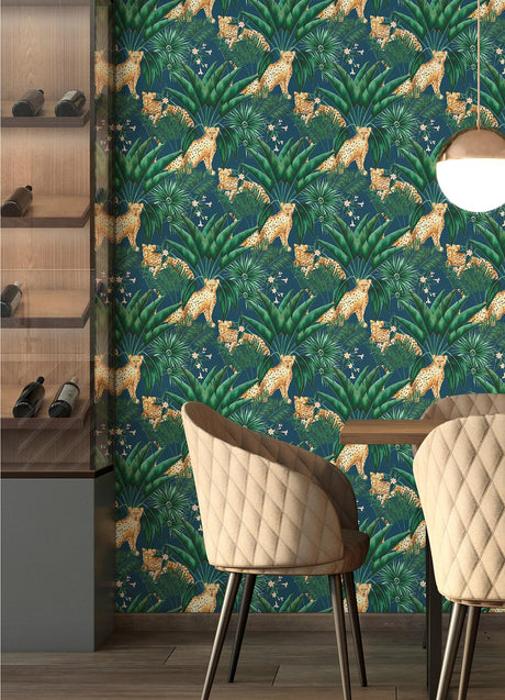 York Augustus Blue Jungle Cheetah Wallpaper