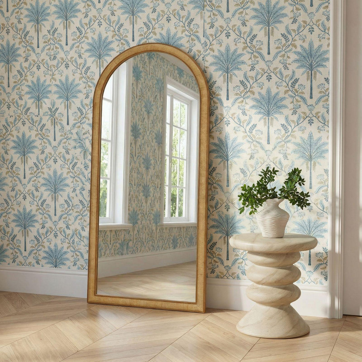TOV Arch Natural Raffia Contract-Grade Floor Mirror