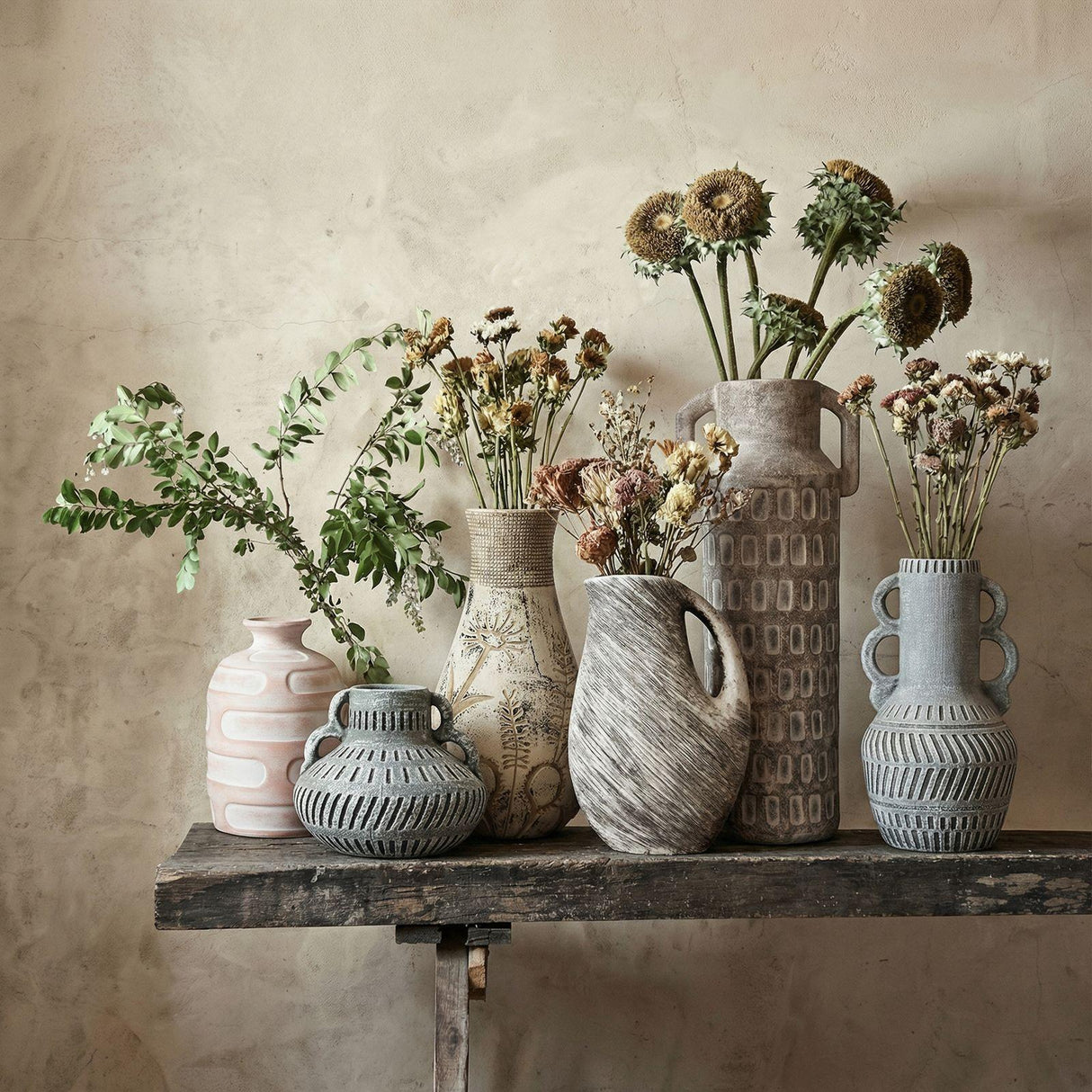 TOV Earthenware Floral Pattern Vase in Grey