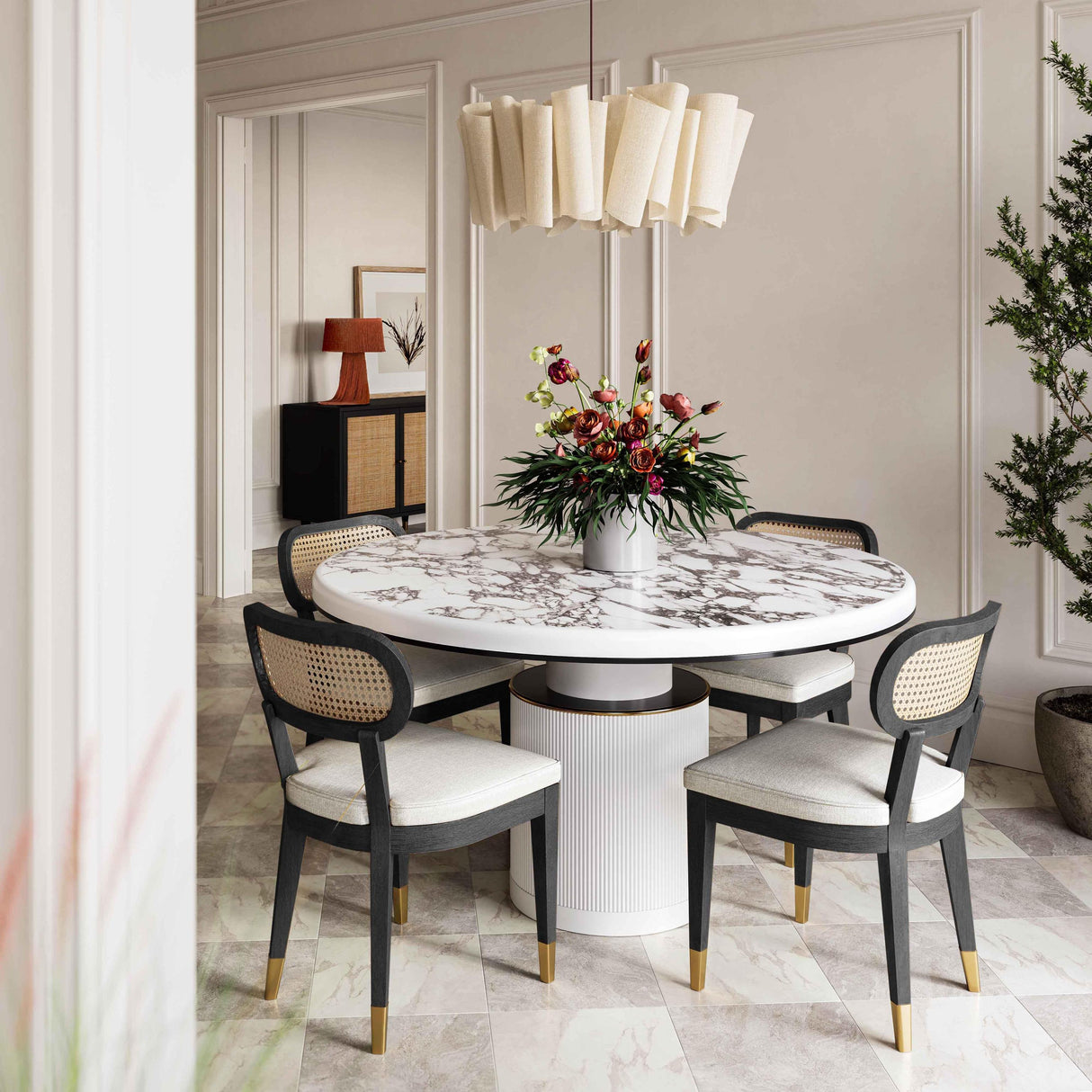 TOV Cosette Black Dining Chair in Cream Performance Linen
