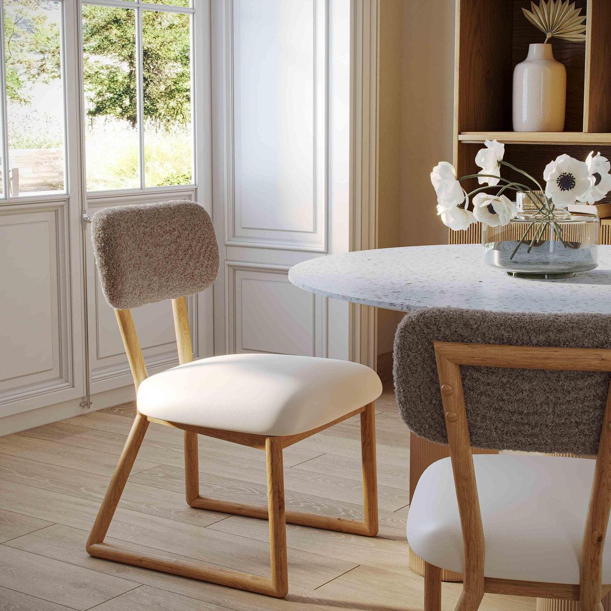 TOV Bobbie Cream Performance Vegan Leather and Grey Vegan Shearling Dining Chair