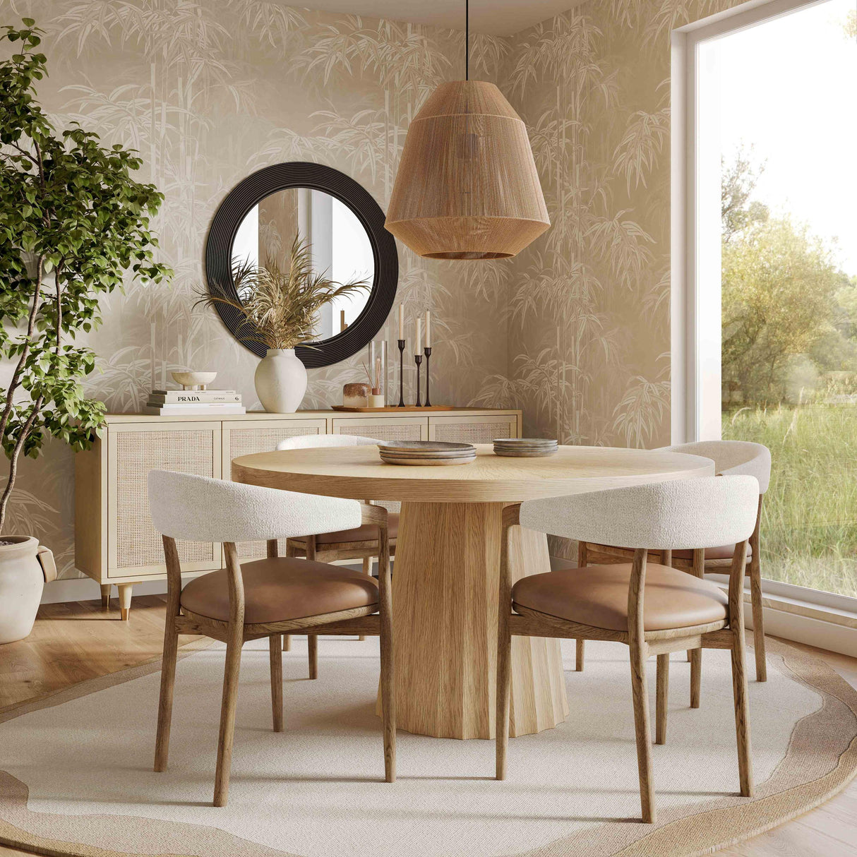 TOV Vina Cognac Performance Vegan Leather and Cream Textured Weave Dining Chair