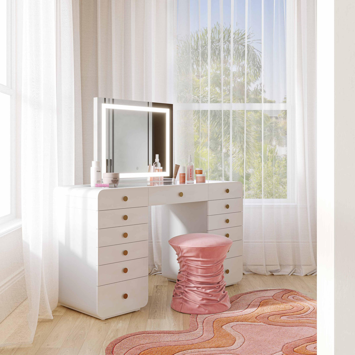 TOV Hollywood 56" White Desk with LED Panel Vanity Mirror Small