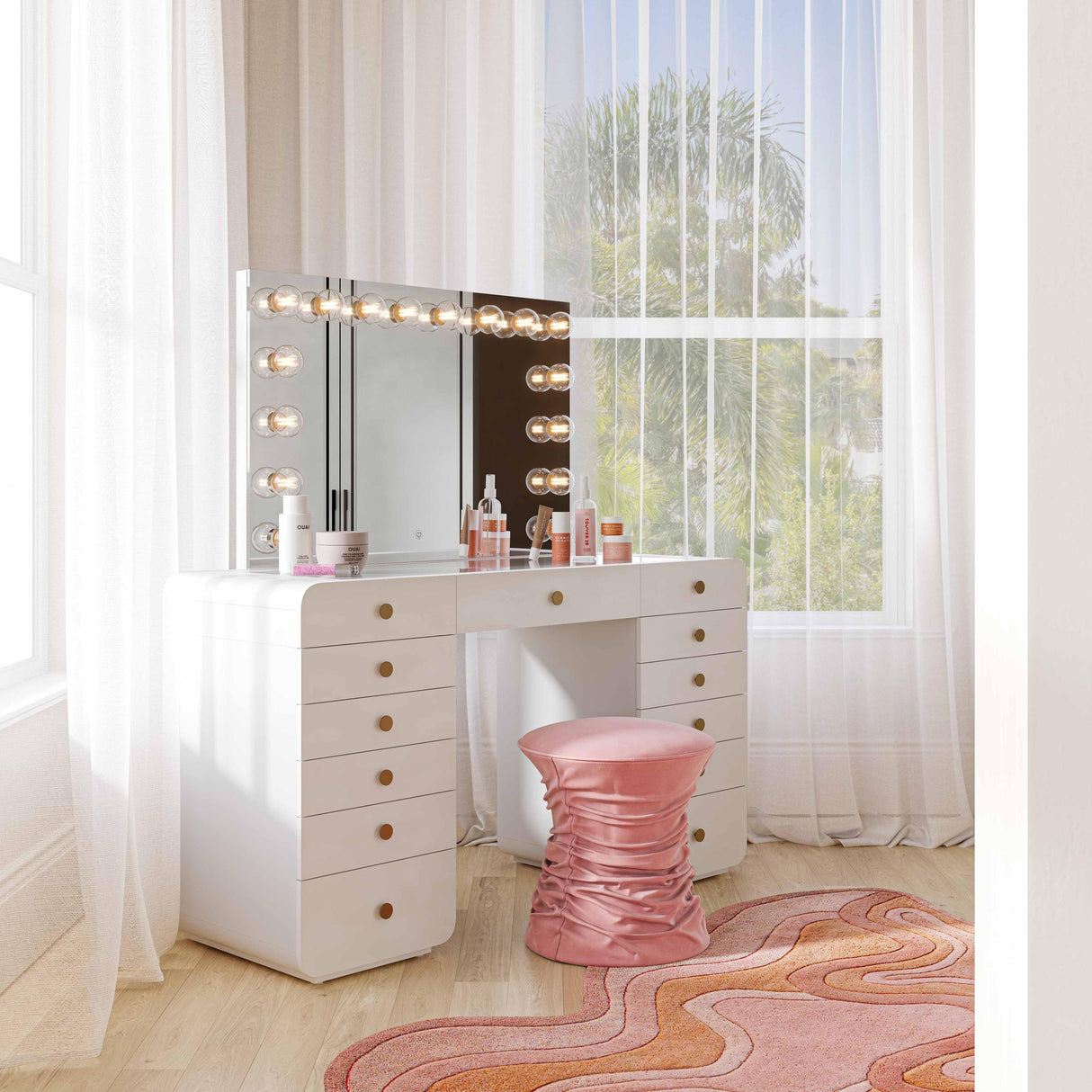 TOV Hollywood 56" White Desk with Vanity Mirror Large