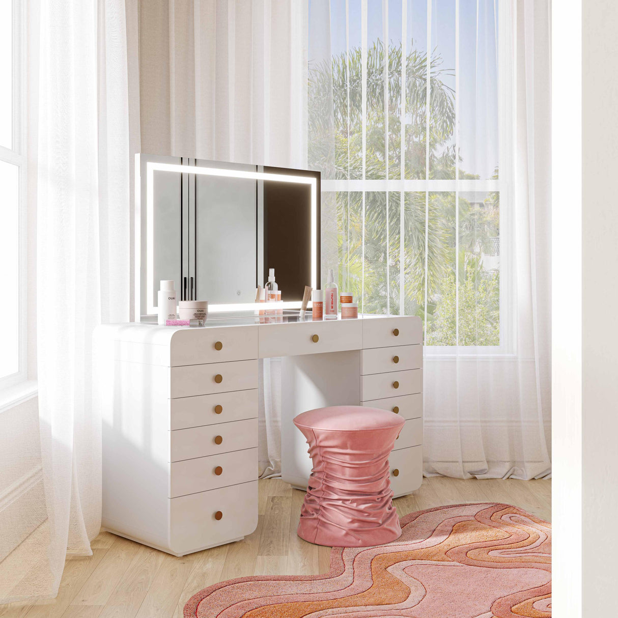 TOV Hollywood 56" White Desk with LED Panel Vanity Mirror Large