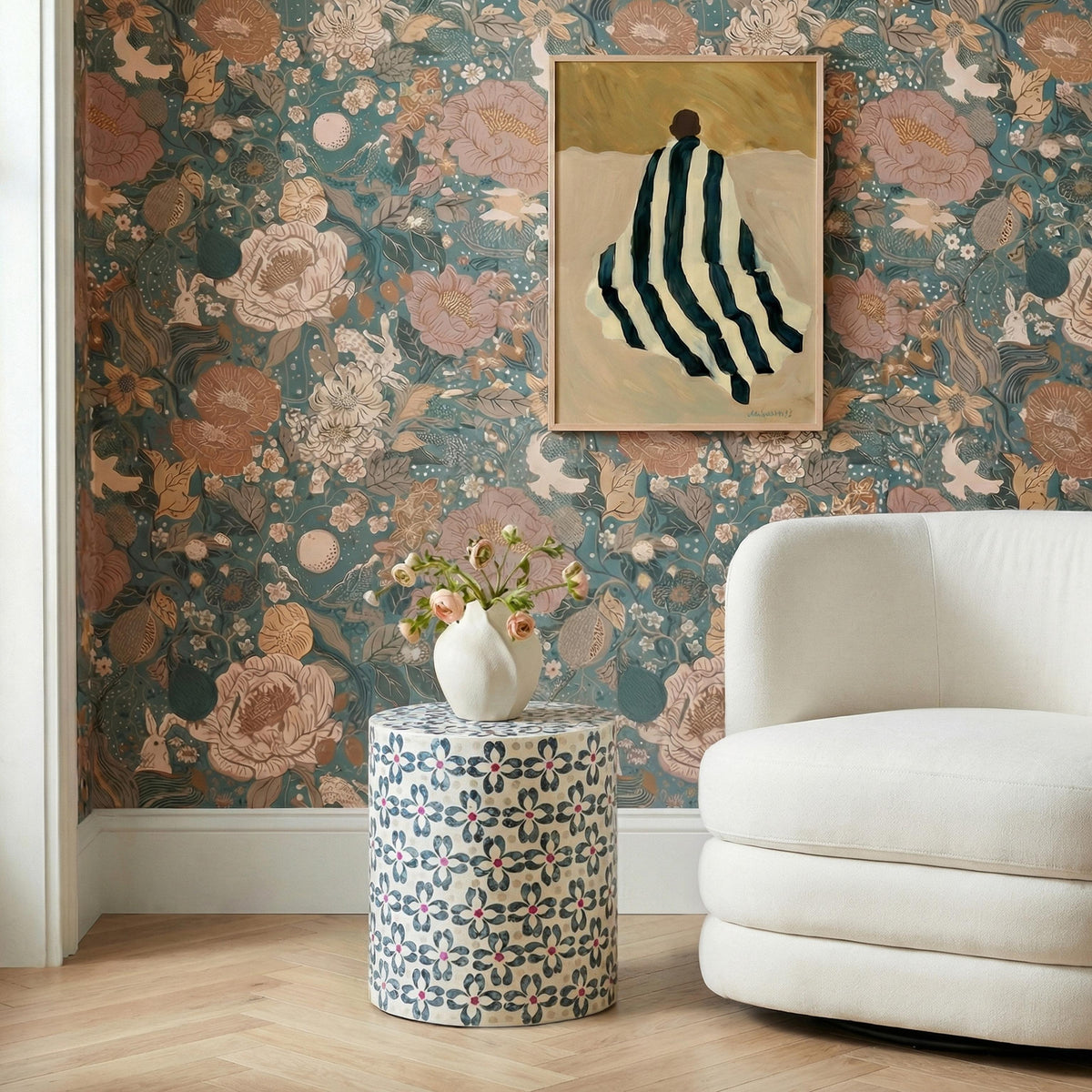 TOV Lorna Stool in Aqua Floral Capiz Shell Motif