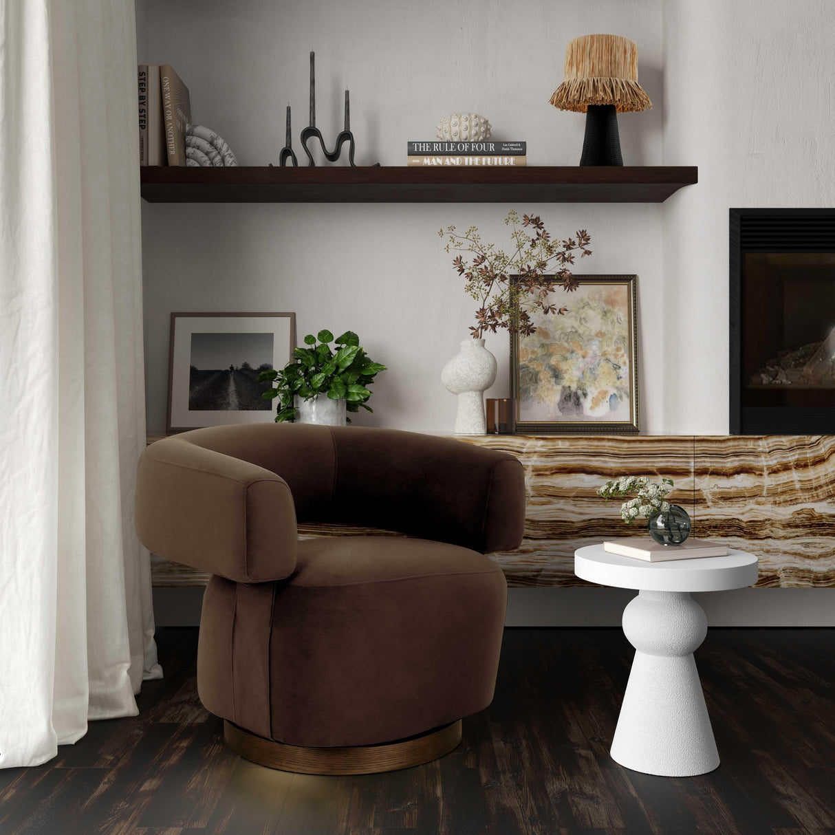 TOV River Chocolate Brown Performance Velvet Swivel Accent Chair