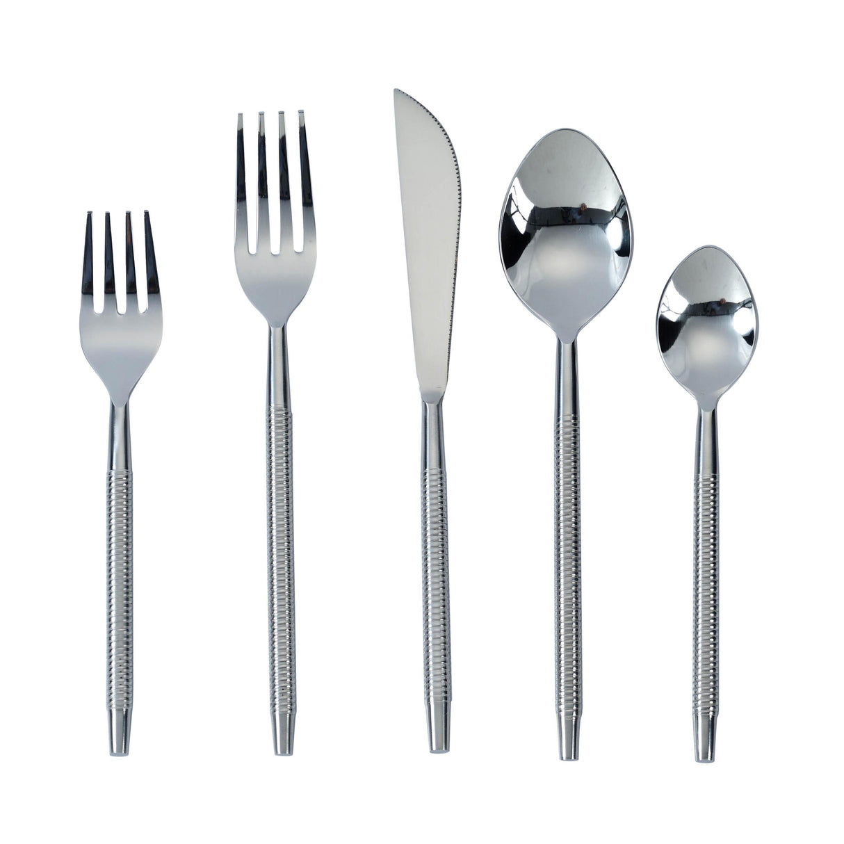TOV Ribbed Silver Stainless Steel Flatware - Set of 5 Pieces - Service For 1