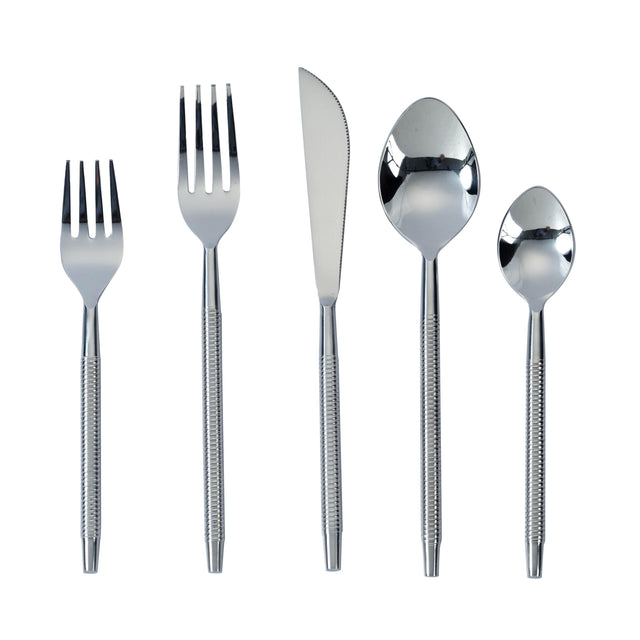 TOV Ribbed Silver Stainless Steel Flatware - Set of 5 Pieces - Service For 1