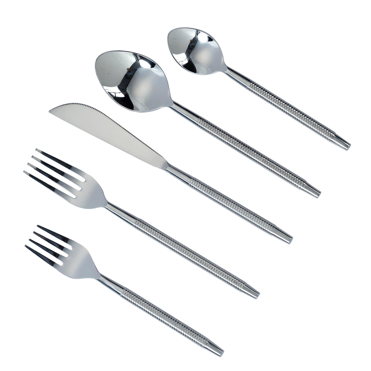 TOV Ribbed Silver Stainless Steel Flatware - Set of 5 Pieces - Service For 1