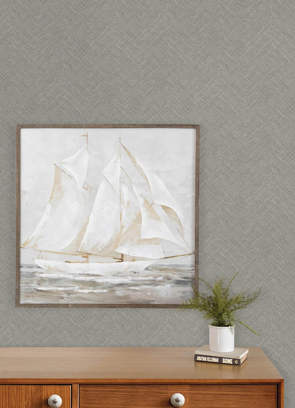York Caladesi Dark Grey Linen Chevron Wallpaper