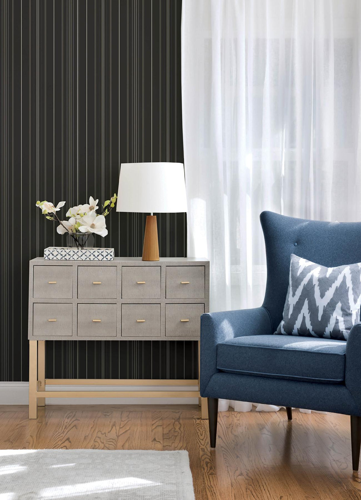 York Lascelle Black Modern Pinstripe Wallpaper