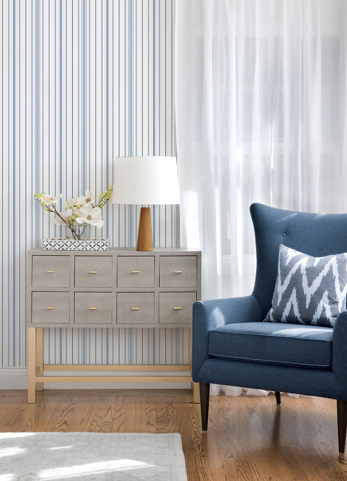 York Lascelle Blue Modern Pinstripe Wallpaper