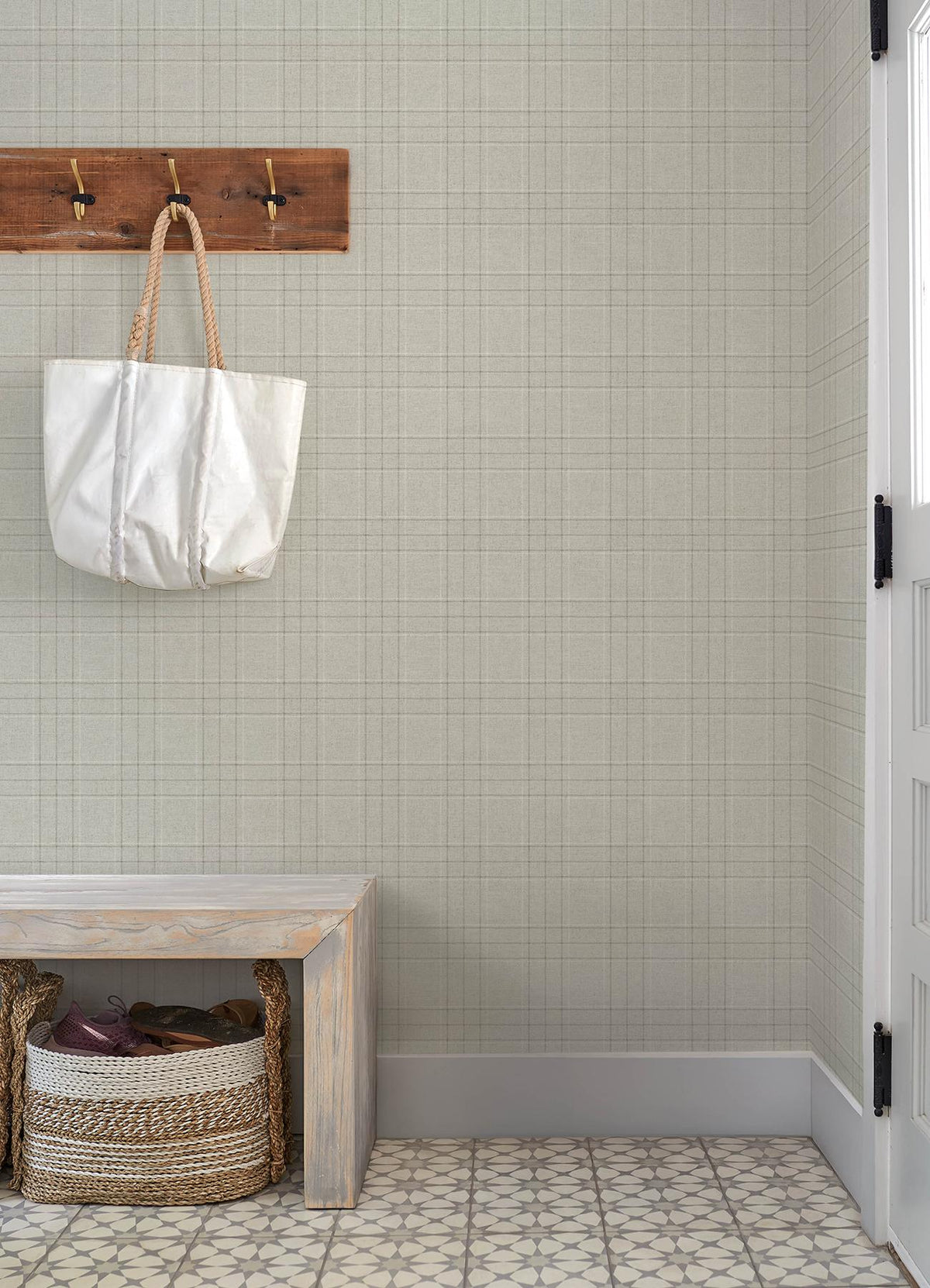 York Fox Hollow Light Grey Dashed Plaid Wallpaper