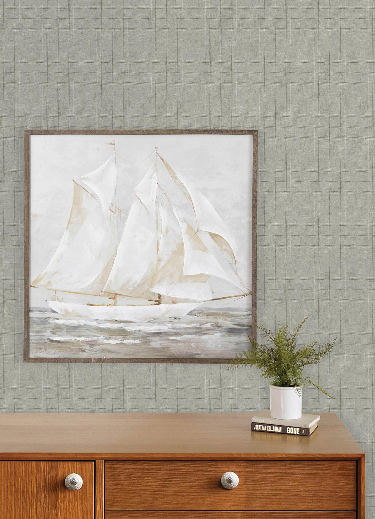 York Fox Hollow Light Grey Dashed Plaid Wallpaper