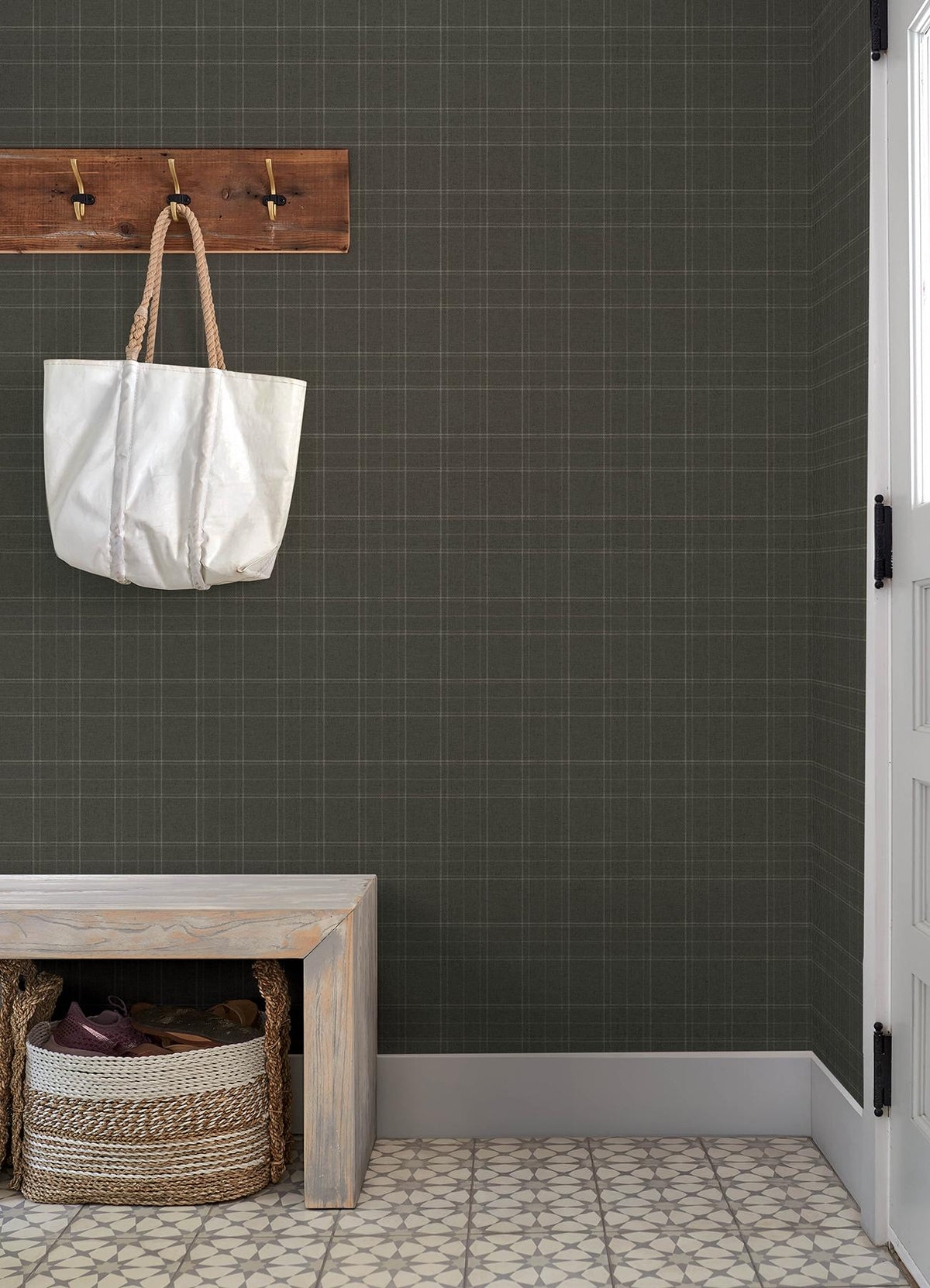 York Fox Hollow Charcoal Dashed Plaid Wallpaper