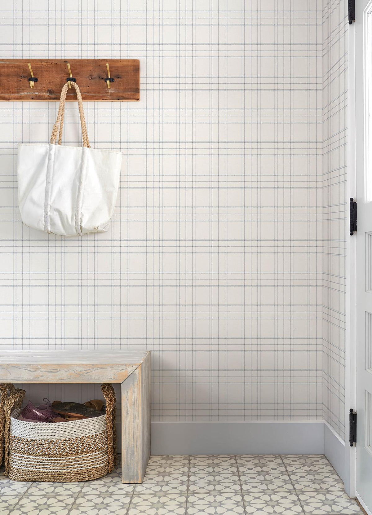 York Fox Hollow White Dashed Plaid Wallpaper