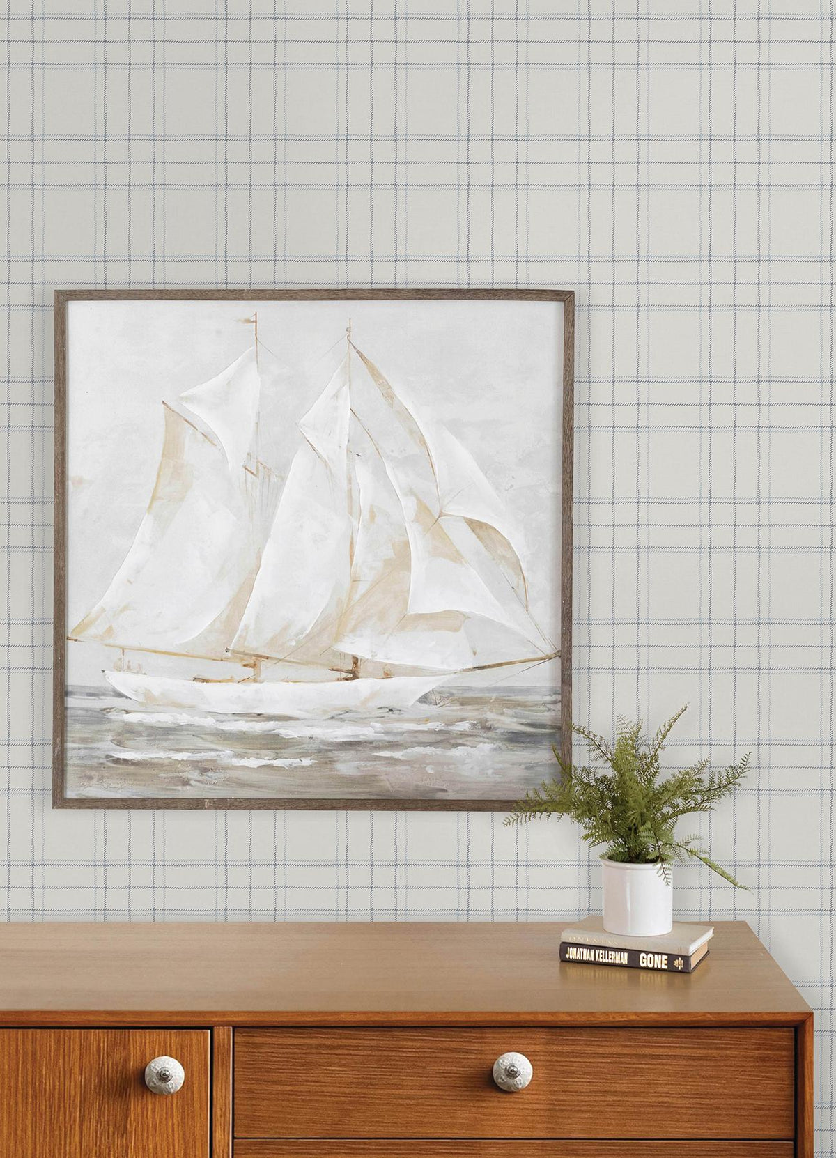York Fox Hollow White Dashed Plaid Wallpaper