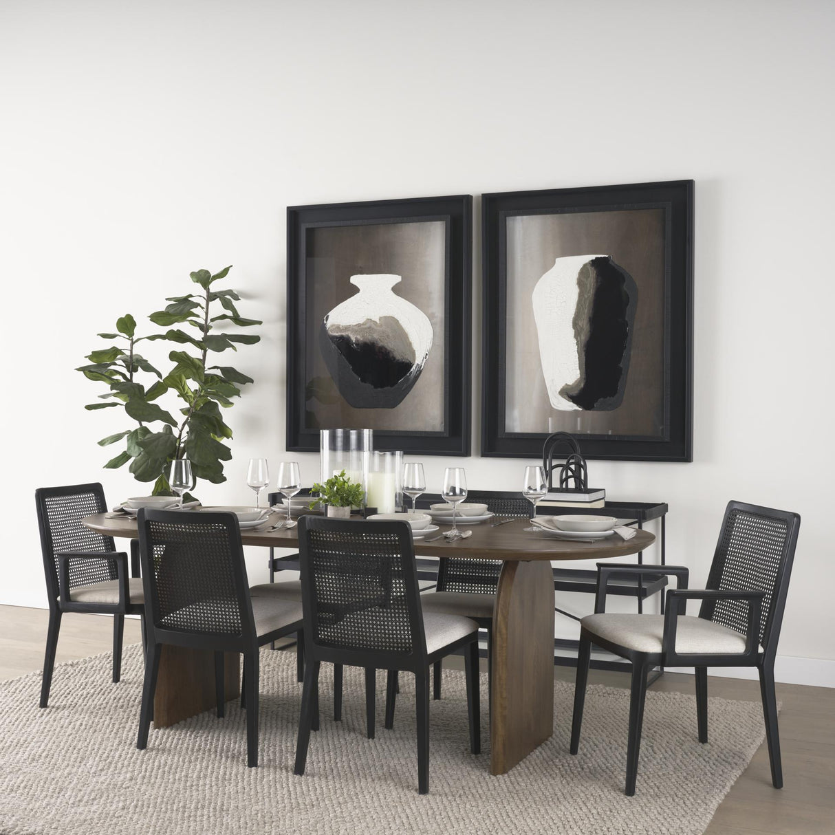 Mercana Clara Black Beech Wood W/ Cream Fabric Seat and Cane Back Armless Dining Chair